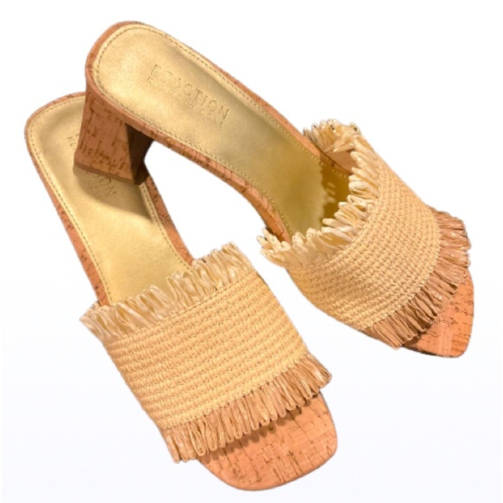 🌟Kenneth Cole Reaction Size 9 Raffia Slide Cork Sole Block Heel Slip on Sandals